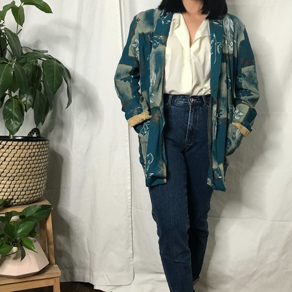 Vintage 1980s geometric floral blazer green medium - Picture 4 of 12